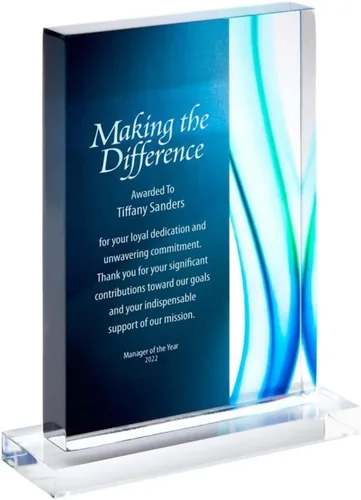 Trofeo grabado – Acrílico azul – Forma rectangular – Acentos de rayas de colores – Grabado personalizado – Premio para empleados Rectángulo