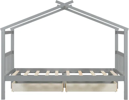 Miniatura 5 de Bellemave Cama Casa Tamaño Twin con 2 Cajones de Almacenamiento Cama Casa Montessori de Madera para Niños Marco de Cama de Madera Casa de Juegos Gris
