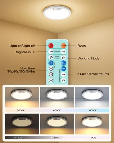 Miniatura 7 de BLNAN Lámpara de techo recargable con sensor de movimiento con control remoto, luz de armario regulable, luces de ducha LED, luz de techo