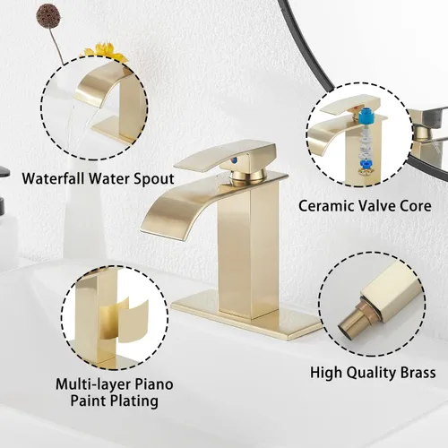 Miniatura 5 de Grifo de baño dorado cepillado GGStudy Waterfall Grifo de fregadero de baño Montaje en cubierta de una sola manija Grifo de tocador de baño
