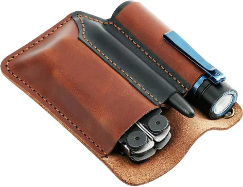 Miniatura 5 de Organizador de bolsillo de cuero para hombre, bolsa de herramientas EDC de cuero, funda hecha a mano, accesorios multiherramienta, marrón-plus