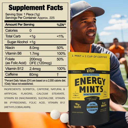 Miniatura 3 de Viter Energy Mentas Cafeinadas 80mg de Fuerza Extra - 90 Piezas Cafeinadas con Vitaminas B. Menta Vegana Sin Azúcar. Potenciador de Enfoque