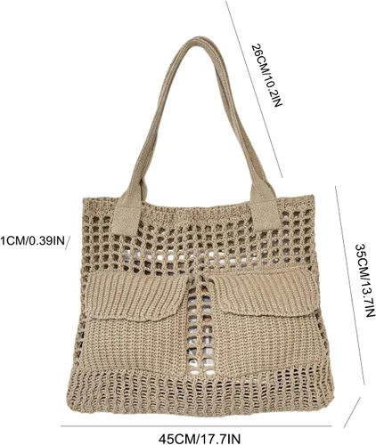 Miniatura 30 de ENBEI Bolsa de playa para mujer, diseño hueco de punto de ganchillo, elegante para la playa, viajes y uso diario