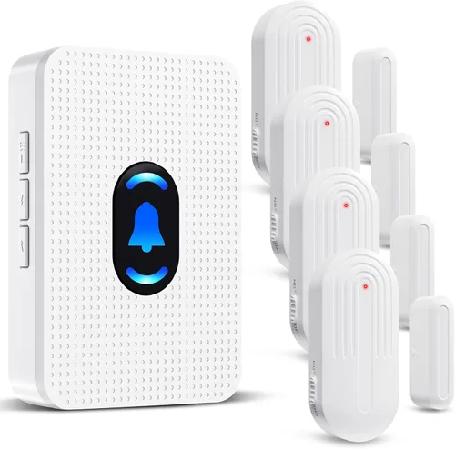 Sistema de timbre inalámbrico para puertas Daytech - Alcance largo de 800 pies, 20 melodías, 5 niveles de volumen ajustables, 4 sensores + 1 4