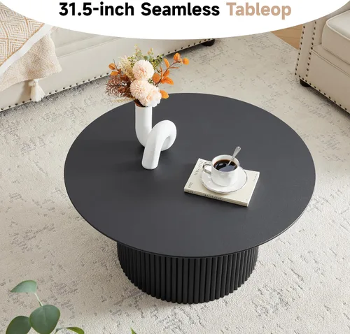 Miniatura 5 de Mesa de café redonda de 31.5", Mesa de centro moderna con acento acanalado y marco de metal, mesas de café de madera redondas para sala de estar