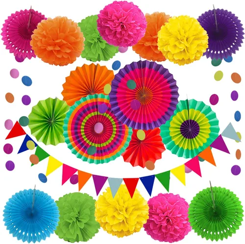 ZERODECO Decoración de Fiesta, 21 Piezas Abanicos de Papel Colgantes Multicolores, Flores Pom Poms, Guirnaldas de Cuerdas con Lunares y Banderines