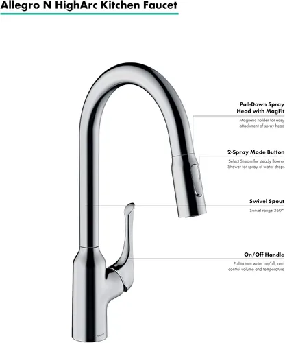 Miniatura 3 de hansgrohe Allegro N 71843001 - Grifo de cocina de arco alto cromado con rociador extraíble, grifo para fregadero de cocina, cromado