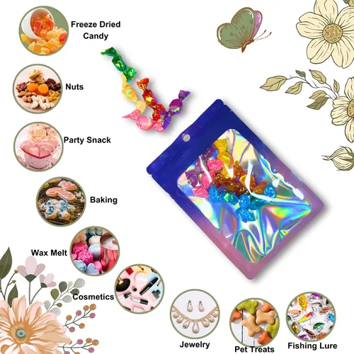 Miniatura 5 de Sylvia Flower 300 bolsas de Mylar a prueba de olores para pequeñas empresas, bolsas holográficas resellables de 4 x 6, bolsas de papel de aluminio