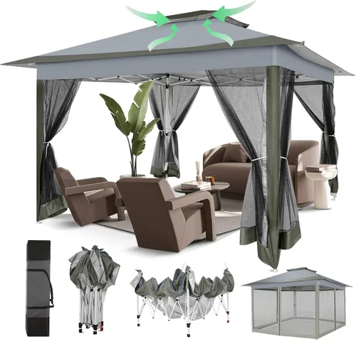 Miniatura 27 de COBIZI - Tienda desplegable de 3,66 x 3,66 metros en oferta - Cenador portátil de metal para exteriores con mosquitero, impermeable - Cenador Caqui