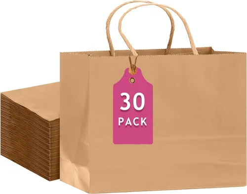 Miniatura 8 de qiqee 100 bolsas de regalo de papel de tamaño mediano con asas a granel de 7.6 x 4.75 x 10.5 pulgadas, bolsas de regalo marrones para múltiples usos