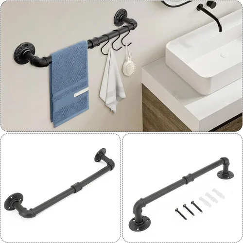 Miniatura 3 de Kit de Anillo de Toalla Jeasor de 4 Piezas de Tubo Industrial para Baño, Kit de Accesorios de Montaje en Pared DIY Incluye Gancho para Bata, Barra