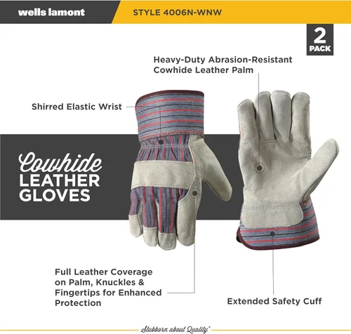 Miniatura 2 de Paquete de 2 pares de guantes de trabajo de cuero para hombre Wells Lamont con palmas reforzadas resistentes, grandes (4006N-WNW), gris
