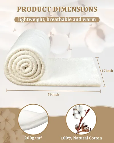Miniatura 2 de PLANTIONAL Guata de Algodón Natural Molido: 47 Pulgadas x 59 Pulgadas Peso Ligero Puramente Natural para Todas las Estaciones Guata para Colchas