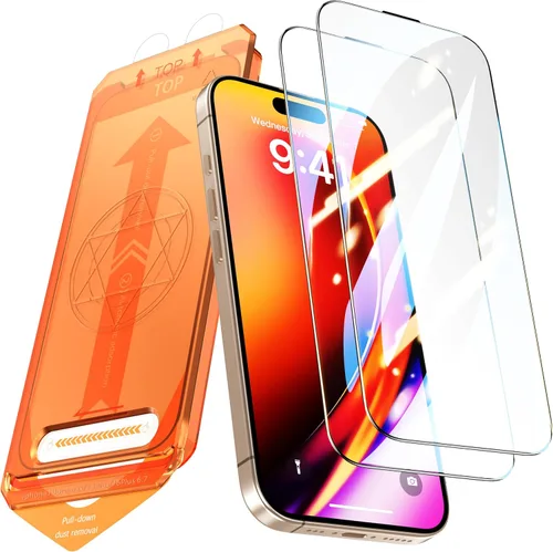 Miniatura 15 de Paquete de 2 protectores de pantalla para iPhone 15 Pro, dureza 9H, protector de pantalla de vidrio templado con kit de alineación automática