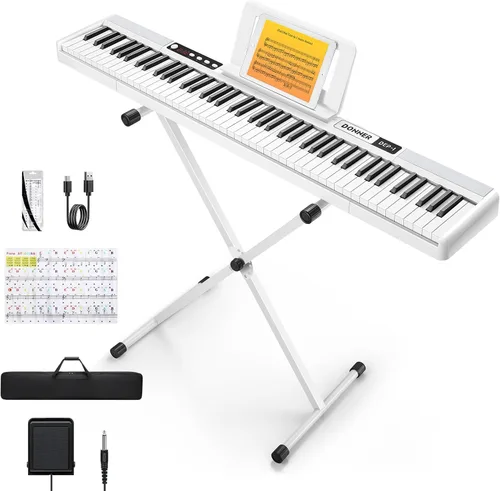Miniatura 10 de Donner Teclado de piano de 88 teclas, piano digital para principiantes, teclas sensibles a la velocidad, piano eléctrico portátil con soporte, pedal