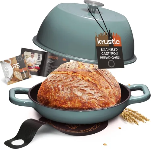 Miniatura 10 de Krustic Horno holandés de hierro fundido esmaltado para hornear pan de masa madre, olla de 6 cuartos de galón con tapa, juego de utensilios de Rojo