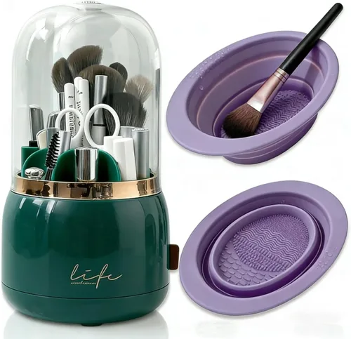 Miniatura 11 de Soporte giratorio para brochas de maquillaje con tapa, organizador de maquillaje transparente a prueba de polvo para encimera de tocador, incluye un
