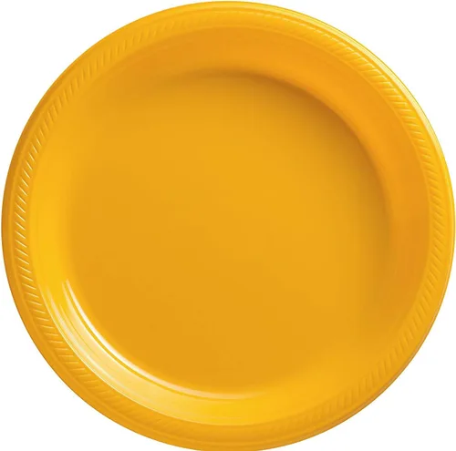 Miniatura 16 de Amscan Platos de plástico desechables redondos dorados – 7 pulgadas (paquete de 50) – Vajilla resistente para fiestas, eventos y uso diario Oro