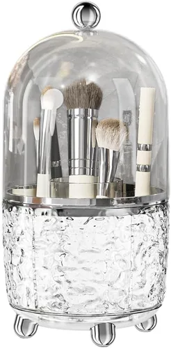 Soporte para brochas de maquillaje con tapa, soporte giratorio de 360° para tocador, organizador de brochas de maquillaje giratorio a prueba de