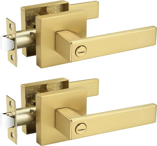 Probrico - Paquete de 2 manijas de puerta de privacidad doradas, pomos de puerta de latón satinado resistentes para dormitorio y baño, cerraduras