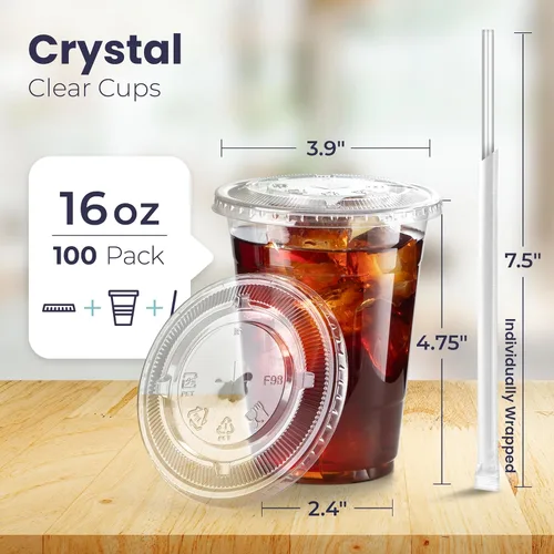 Miniatura 2 de Fit Meal Prep Paquete de 100 Vasos de Plástico para Café Helado de 16 oz con Tapas Planas y Pajitas Transparentes, Vaso Transparente Desechable