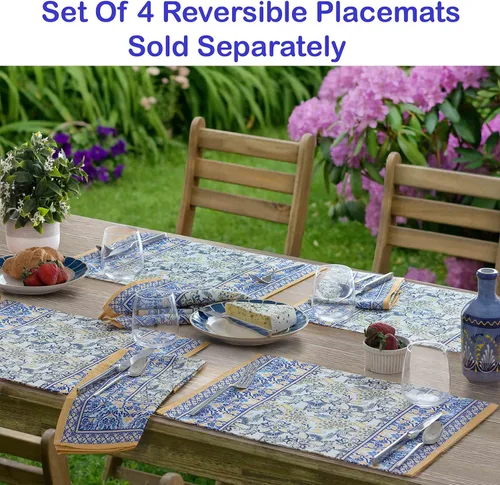 Miniatura 6 de Home Bargains Plus Mantel rectangular de tela, 60 x 102 pulgadas, estampado floral amarillo y azul, para interiores y exteriores, resistente a