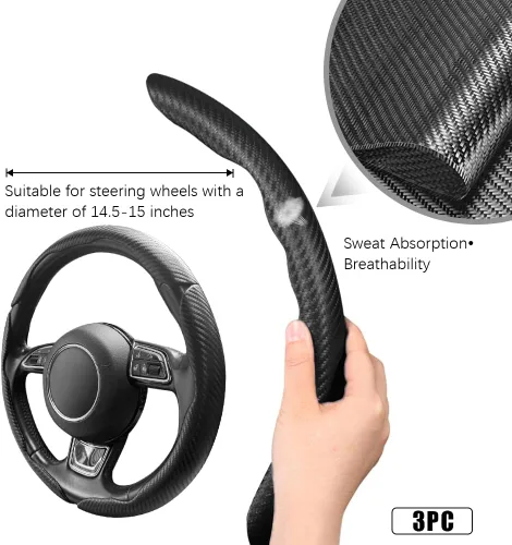 Miniatura 2 de Pincuttee Funda de Volante de Fibra de Carbono - Protector de Volante Universal Antideslizante de 3 Piezas, Negro Mate