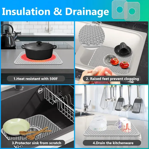 Miniatura 5 de Protectores de fregadero para fregadero de cocina, 2 alfombrillas de cocina de silicona de 13.58 x 11.6 pulgadas, protector inferior antideslizante