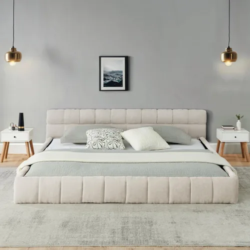 Miniatura 3 de Base de cama tapizada tamaño California King con tela de felpilla gruesa, cama de plataforma con cabecero copetudo, marco de madera maciza, diseño