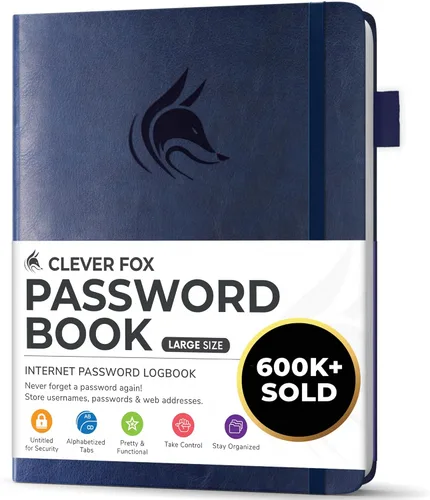 Clever Fox - Libreta de contraseñas con pestañas alfabéticas, organizador de direcciones de Internet, tamaño grande, para inicios de sesión en Azul