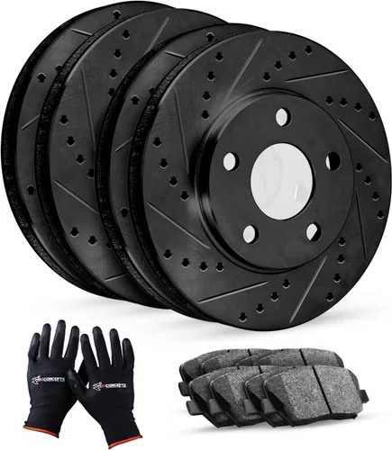 R1 Concepts Kit de freno delantero y trasero para BMW 528i 2011-2016| Rotores de freno ranurados perforados | Kit de pastillas de freno y rotores de