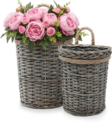 AceList Paquete de 2 cestas tejidas de mimbre para colgar en la pared, decoración de bolsillo de pared de sauce gris para flores sintéticas y