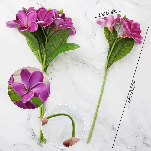 Miniatura 2 de 3 piezas de flores artificiales de plumeria con hojas, plumeria frangipani realistas en total 9 ramos de flores falsas y brotes para el hogar