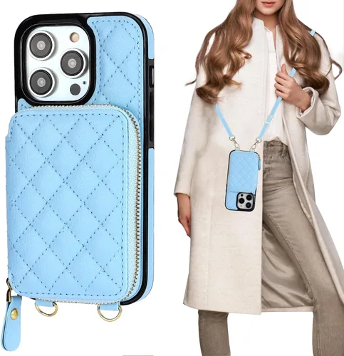 Miniatura 16 de Bocasal Funda tipo cartera cruzada para iPhone 14 Pro, bloqueo RFID, de piel sintética, con cremallera, funda tipo cartera con función atril y Gris