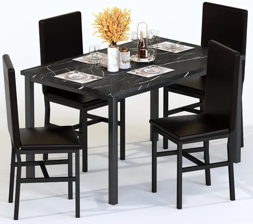 Miniatura 10 de AWQM Isla de cocina con asiento y estante de almacenamiento, mesa de isla de mármol sintético para cocina, mesa de bar moderna y sillas para 2