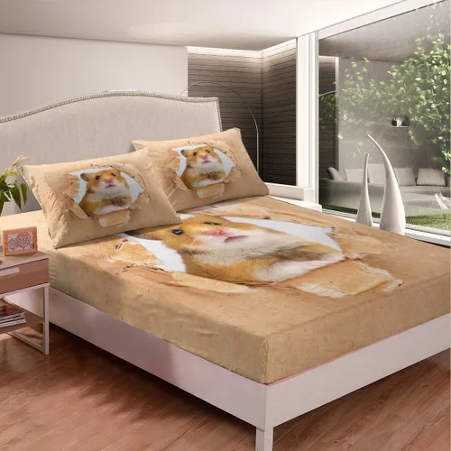 Miniatura 3 de Erosebridal Juego de sábanas de hámster, tamaño individual, color marrón, diseño de ratón 3D, lindo animal, sábana bajera ajustable Kawaii