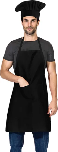 Juego de sombrero y delantal de chef negro, delantal con babero en tamaño grande y sombrero de chef, babero para cocinar a la parrilla, delantal de