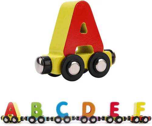 Miniatura 8 de Wondertoys - Tren de juguete de madera del alfabeto con 27 piezas, juego de tren magnético de madera del alfabeto ABC