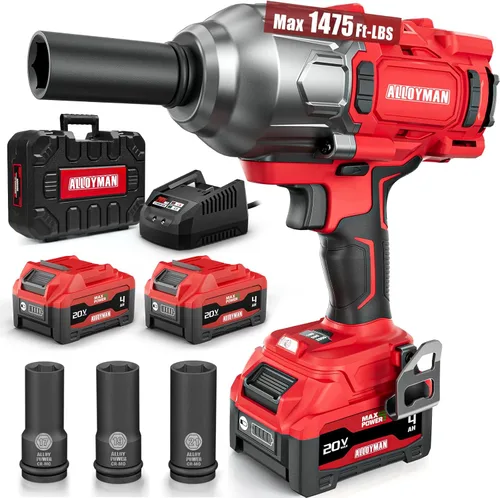 Alloyman Llave de impacto inalámbrica, 1475 pies-libra (2000 N.m) 1/2 de alto par sin escobillas, controlador de impacto de 20 V, batería de 2*4000
