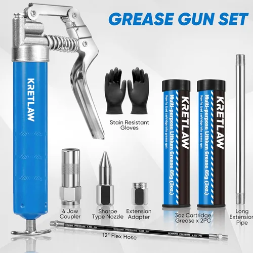 Miniatura 3 de KRETLAW Mini pistola de grasa (3000PSI) con doble cartucho de grasa de 3 oz y manguera flexible de 12 pulgadas, acoplador reforzado