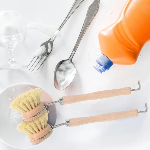 Miniatura 7 de Maxdot 4 cepillos de cocina con mango de madera de haya, mango de madera natural, cepillo de cerdas de fibra, cepillo de repuesto de 2 pulgadas