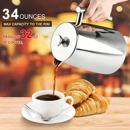Miniatura 7 de Secura Cafetera de prensa francesa, 34 onzas, prensa de café aislada de acero inoxidable 304 con pantalla adicional Secura Cafetera de prensa