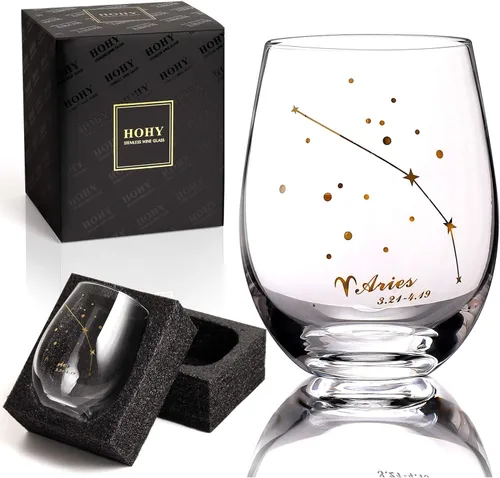 HOHY Copa de vino del zodiaco Aries de 20 onzas, Horóscopo de cumpleaños del zodiaco Aries, regalos de vino para mujeres, copa de vino de