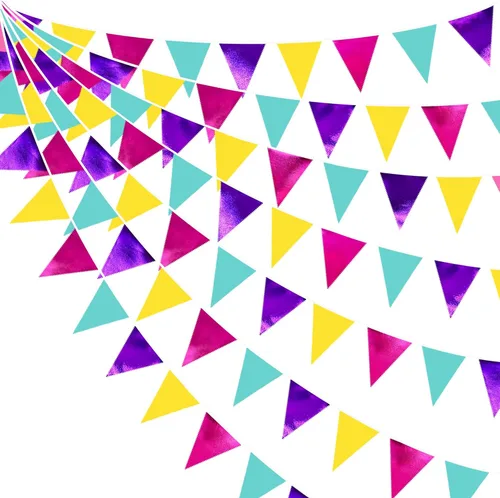 Banderín colorido de 32 pies con diseño de triángulo de arco iris, rosa, morado, azul, amarillo, banderín de tela para gran apertura, fiestas de