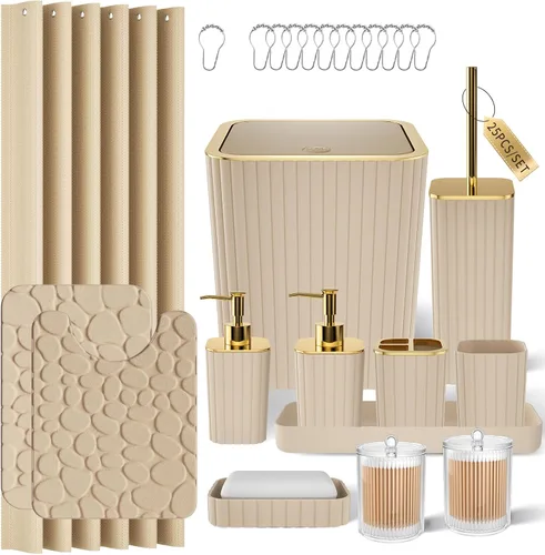 Miniatura 70 de XLHOMO Bathroom Set- 25PC Beige Bathroom Set, Bathroom Set with Shower Curtain and Rugs, Beige Shower Curtain Set, Toilet Brush, Bathroom Trash Can