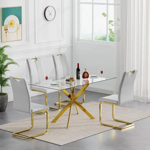 Miniatura 23 de Juego de mesa de comedor de cristal negro de 51 pulgadas para mesa de cocina de 4,5 piezas y sillas con patas de metal y 4 sillas de comedor de piel