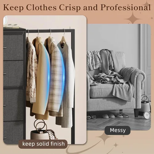 Miniatura 6 de HIGDBFE Cómoda con Perchero Colgante, 4 Cajones Armario Pequeño para Dormitorio, Cómoda de Tela Reversible para Niños con Perchero, Torre de Gris