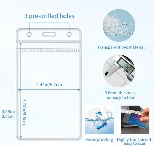 Miniatura 2 de Vetoo Paquete de 100 fundas verticales para tarjetas de identificación con nombre, impermeables, de plástico transparente, PVC, con cremallera