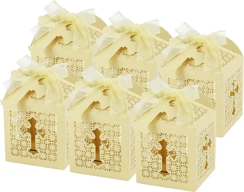 LEMESO 50 cajas de bautismo con etiquetas cruzadas, cajas de dulces cortadas con láser para bodas, bautizos, primera comunión, bautizo y invitados a