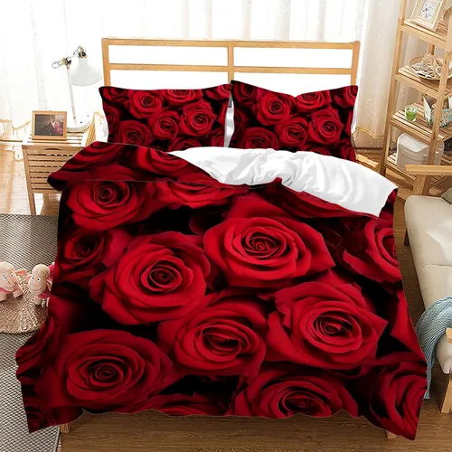 Miniatura 12 de AILONEN - Juego de funda de edredón tamaño individual, diseño de corazones para parejas, juego de ropa de cama rojo y negro, diseño "Yo y tú", juego